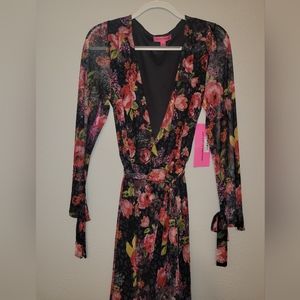 BETSEY JOHNSON Hi-Low Black,  Floral, Wrap dress.